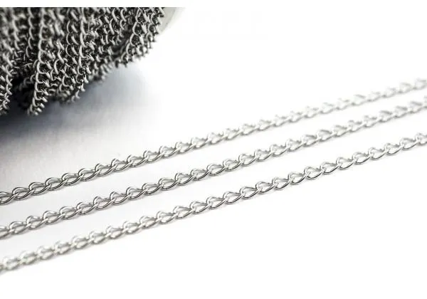 Chaîne Maille Gourmette en Acier Inoxydable - Dim. : 2,7 x 1,8 x 0,3 mm - Couleur Argent (Vendue au mètre)