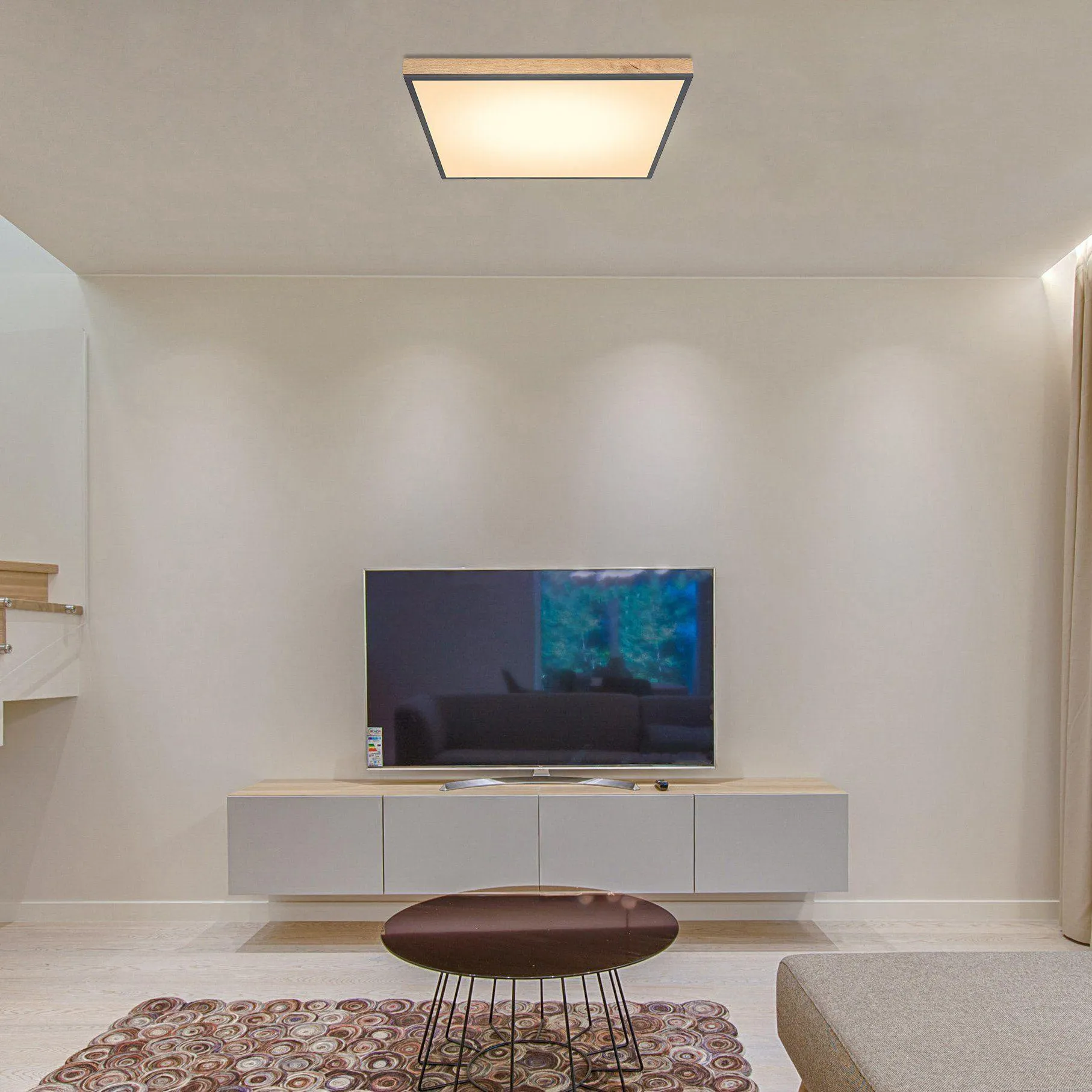 Plafonnier LED carré DORO (59x59cm) en aluminium couleur graphite et bois MDF