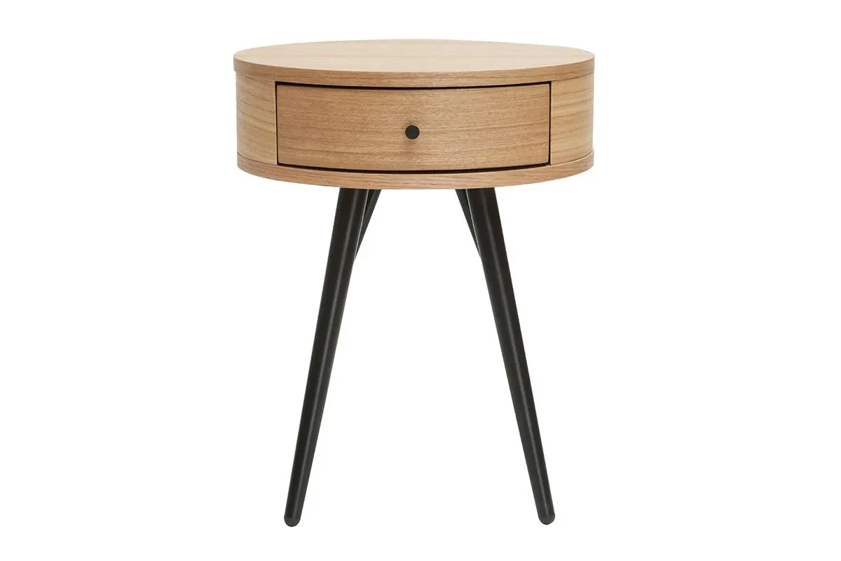 Table de chevet ronde avec tiroir bois clair et métal noir KORAL