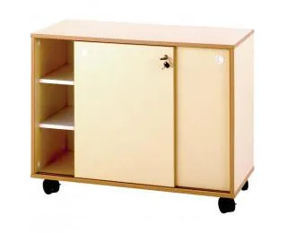 Meuble bas mobile - 2 portes coulissantes - 2 tablettes - Blanc/Hêtre