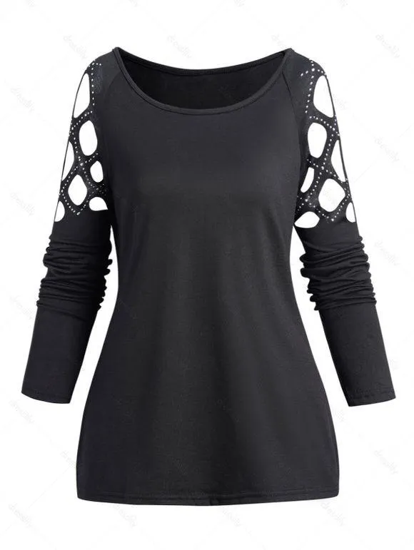 Haut Décontracté Simple Découpé en Couleur Unie à Manches Longues avec Strass