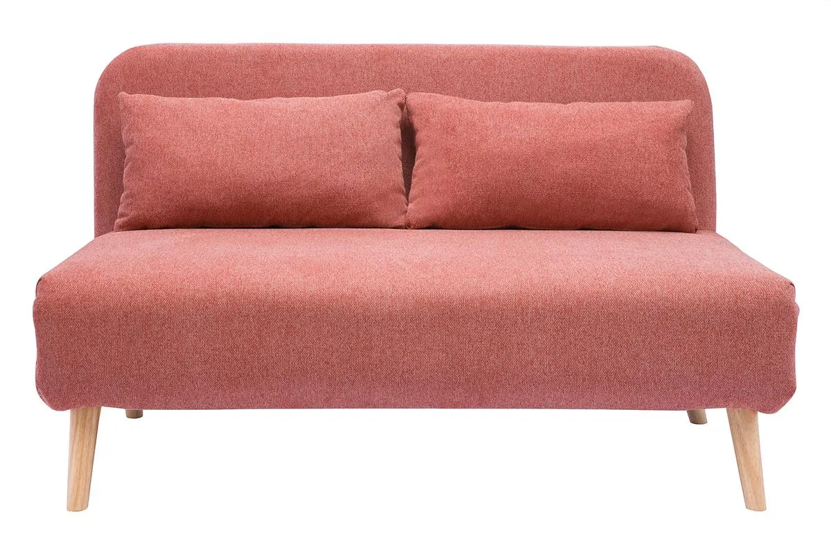 Chauffeuse 2 places convertible en tissu effet velours texturé terracotta et bois clair AMIKO