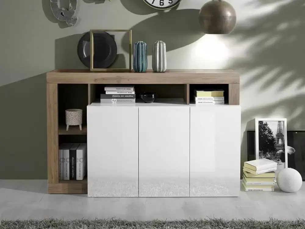 Bahut 3 portes Fribourg laqué blanc/chene