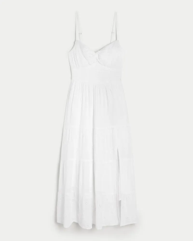 Eyelet Twist-Bust Tie-Back Midi Dress