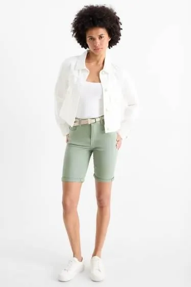 Denim Bermuda shorts with belt - mid-rise waist