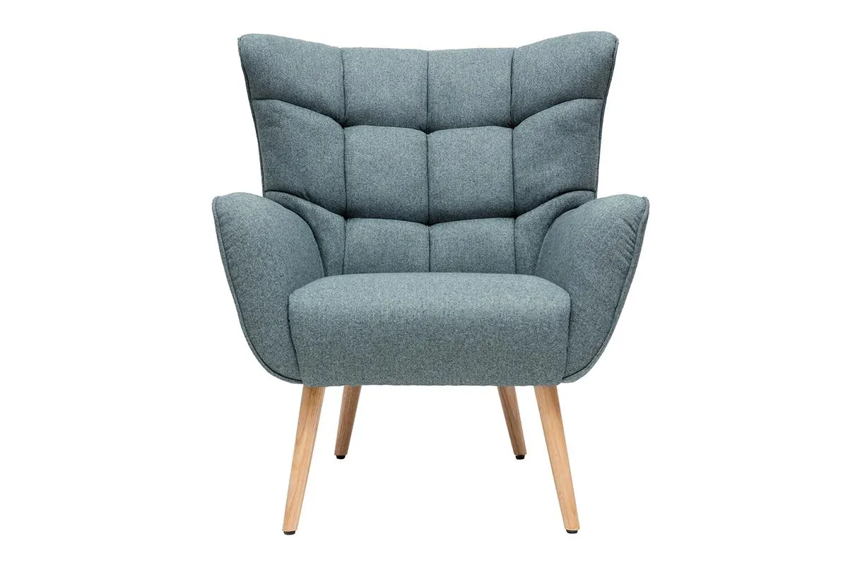 Fauteuil scandinave en tissu vert de gris et bois clair AVERY
