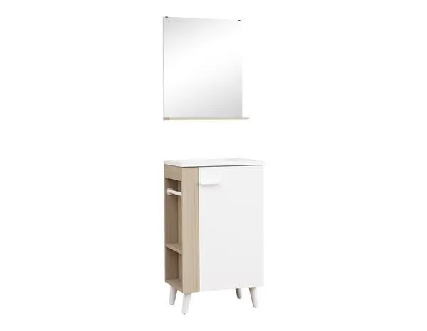 Meuble sous vasque avec miroir et lave mains en résine "TAMORA" bois blanc