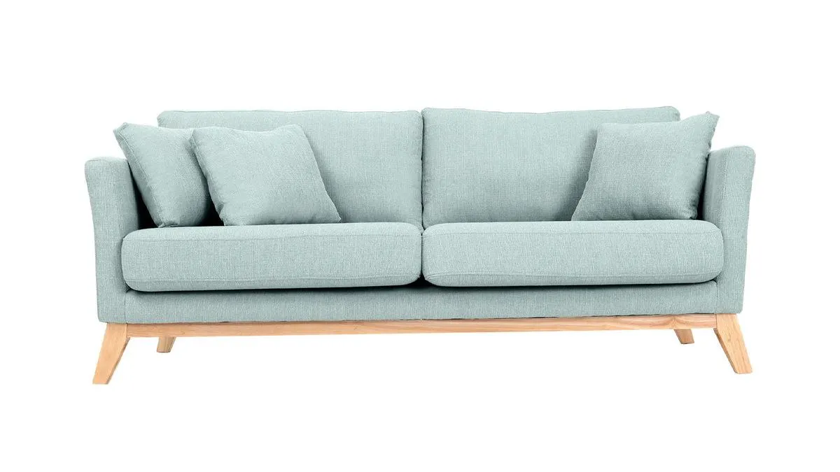 Canapé scandinave déhoussable 3 places en tissu vert lagon et bois clair OSLO