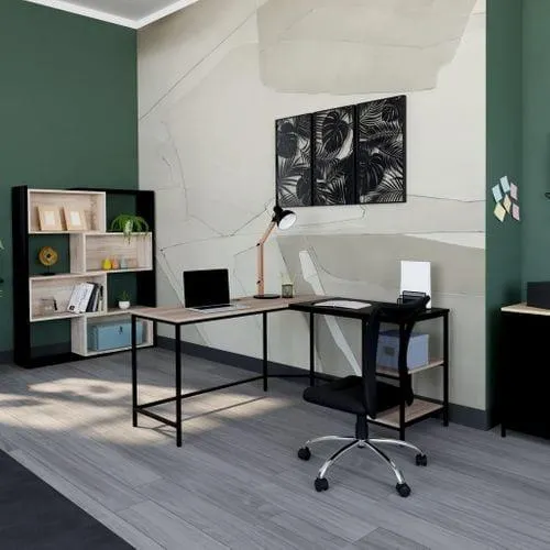 Bureau d'angle avec USB WORK imitation chêne et métal noir