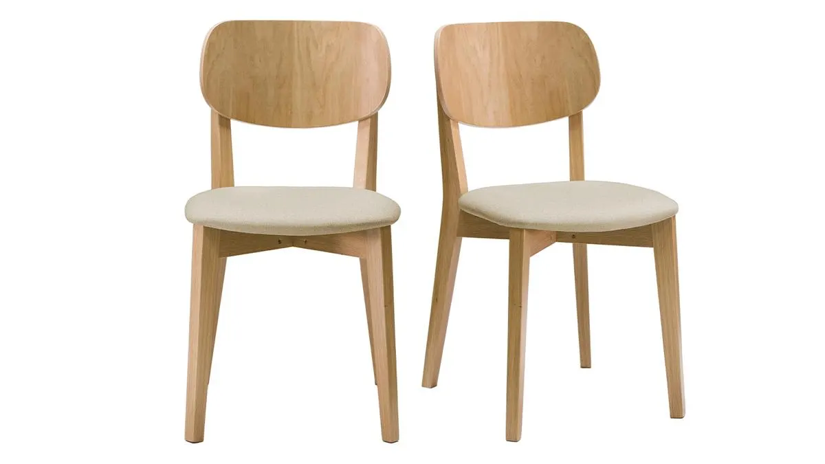Chaises vintage en bois clair chêne et tissu beige (lot de 2) LUCIA