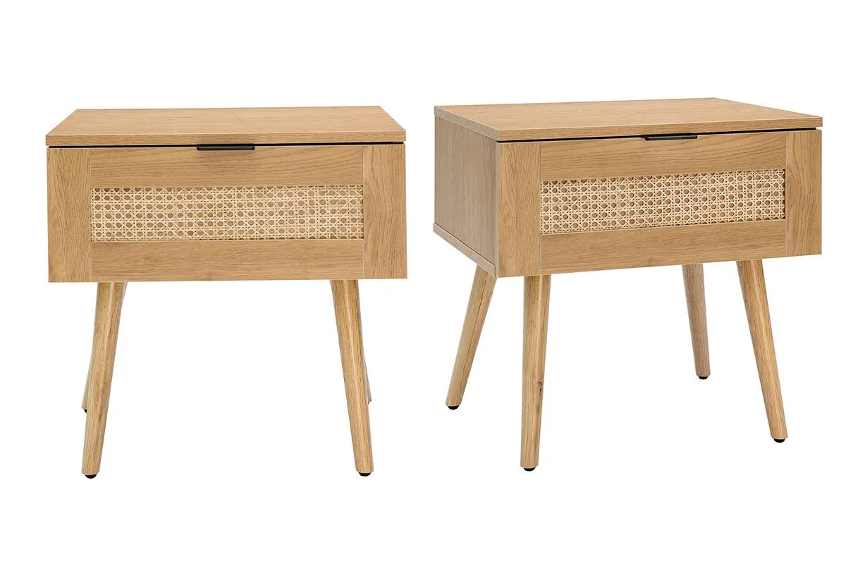 Set de 2 mesillas de noche de madera clara, ratán y metal negro 50 cm MANILLE