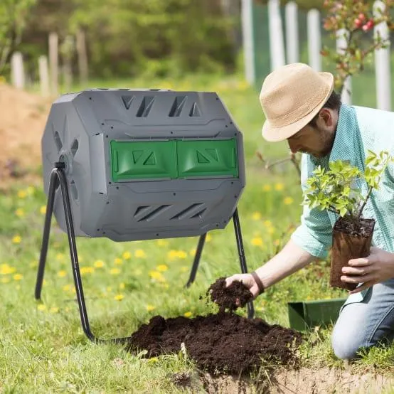 Composteur rotatif 160L à 2 chambres en acier pour déchets de jardin Gris – ComfortXL Outdoor Living