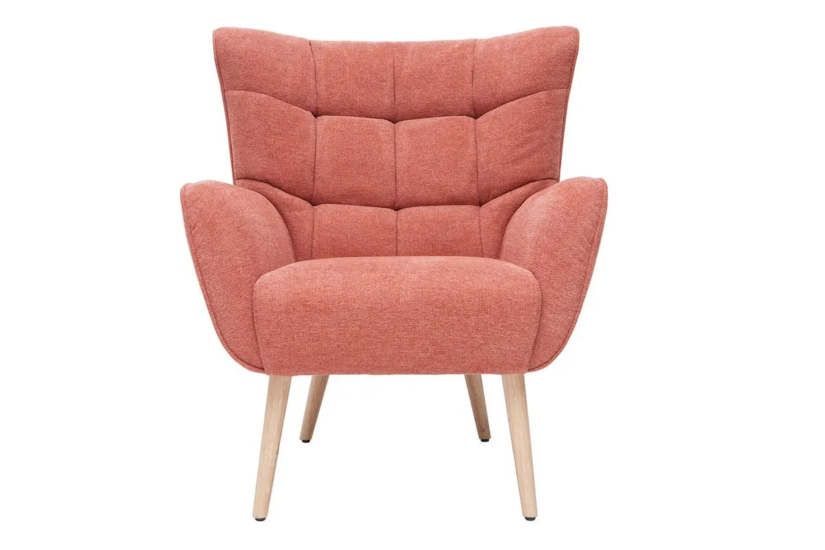 Fauteuil scandinave en tissu effet velours texturé terracotta et bois clair AVERY