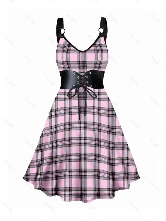 Robe Décontractée à Imprimé Carreaux Ceinture Anneau en O à Col V