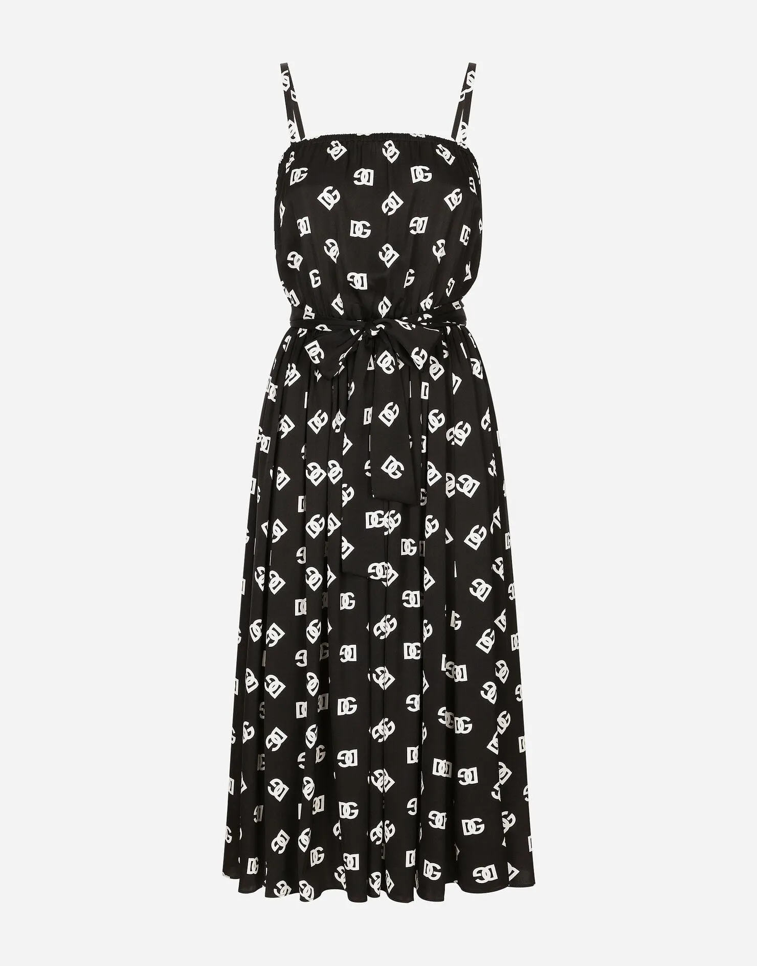 Robe mi-longue en charmeuse avec imprimé logo DG all-over