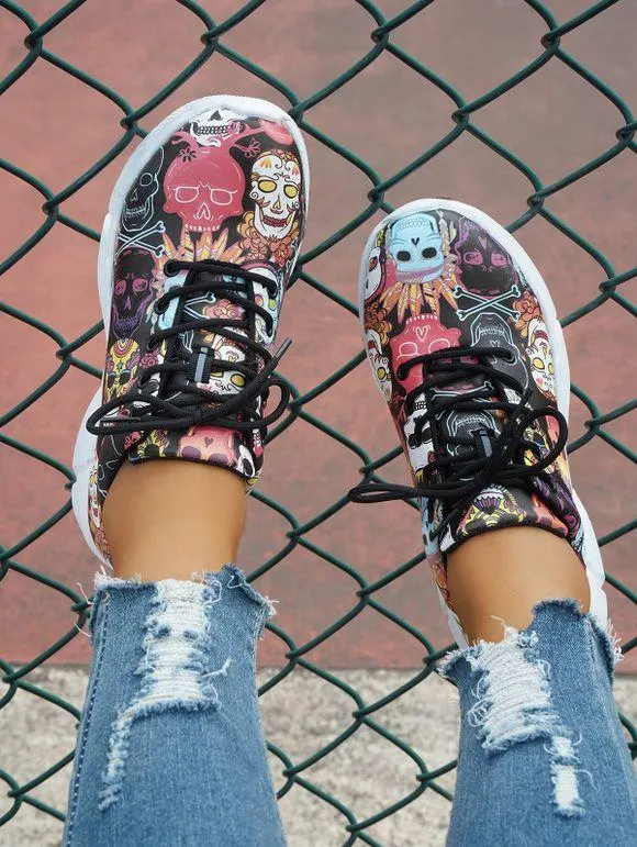 Skull Graffiti Print Lace Up Casual Sport Running Shoes
