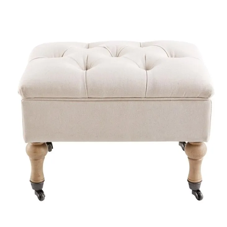 Puf-baúl capitoné con ruedas de lino y algodón color crudo