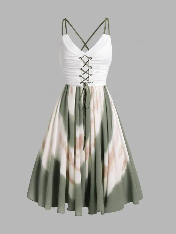 Robe de Caraco Mi-longue à Imprimé Tie Dye de Fairycore à Col V à Taille Haute Bretelle Fine à Lacets