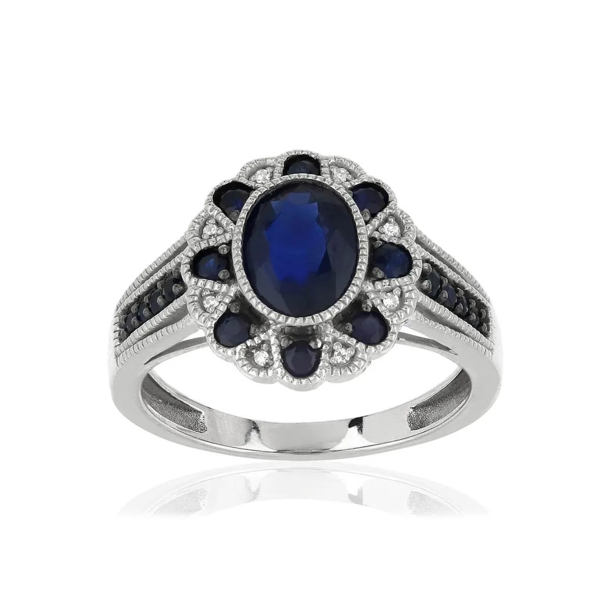 Bague or 750 blanc fleur saphirs et diamants
