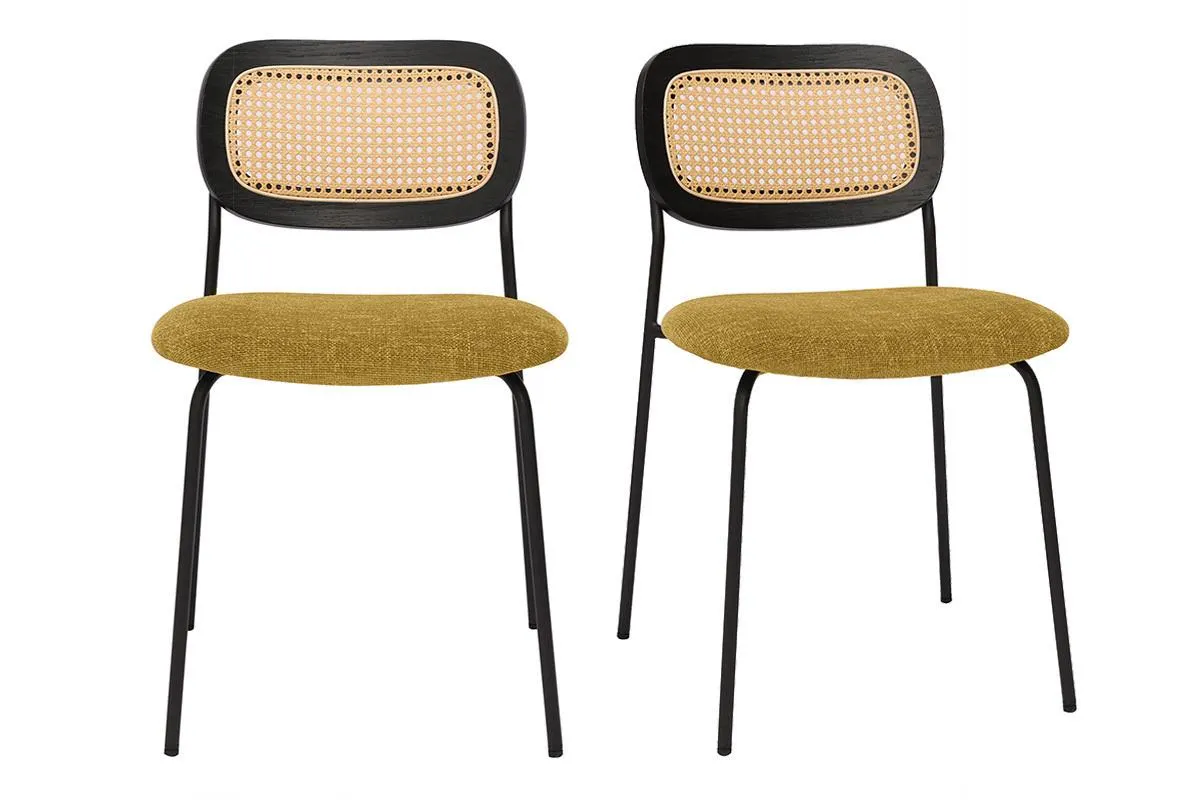 Chaises design en tissu effet velours texturé bronze, métal noir et cannage rotin (lot de 2) MIRANDA