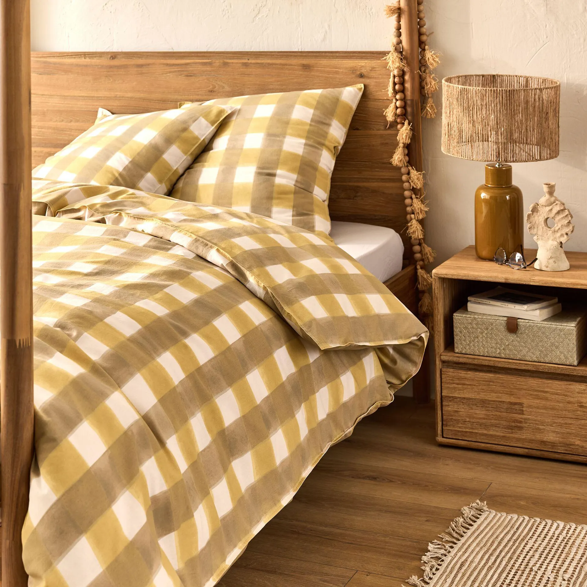 Housse de couette 240x220cm et 2 taies d'oreiller 63x63cm en coton lavé à motif carreaux - marron