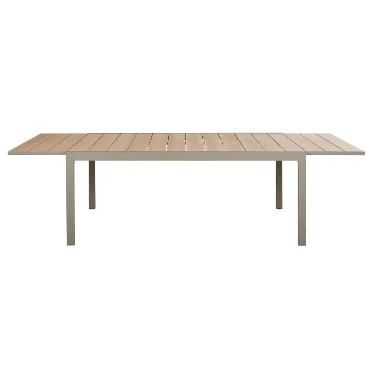 Mesa de exterior extensible de aluminio efecto madera y gris topo para 6/10 personas