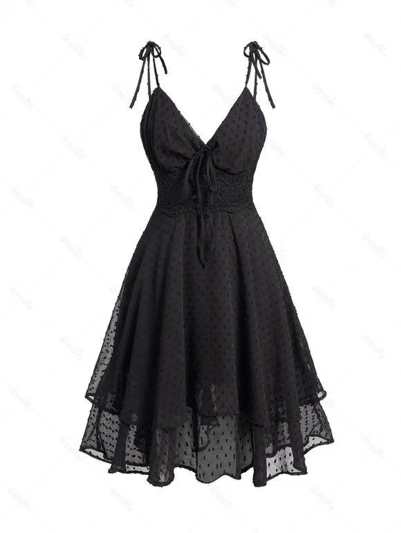 Robe Décontractée Superposée à Epaule Nouée sans Manches à Pois