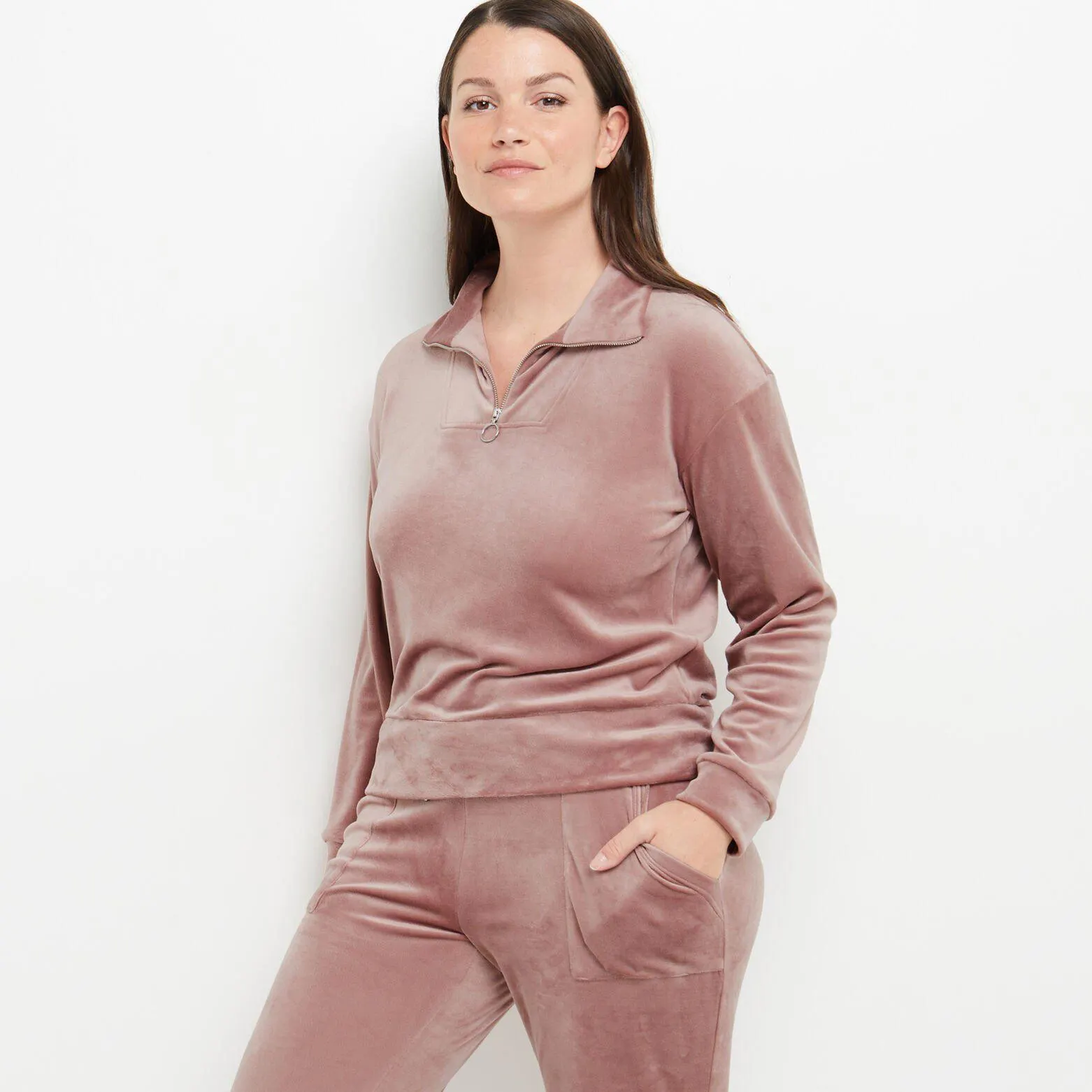 SWEAT COL ZIP VELOURS ROSE