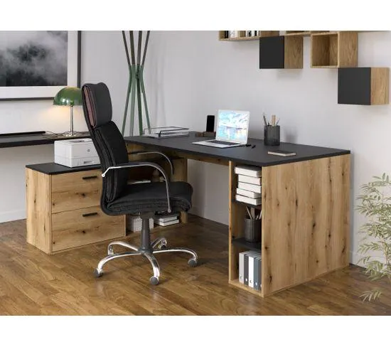 Bureau d'angle WRITE Imitation chêne et noir mat