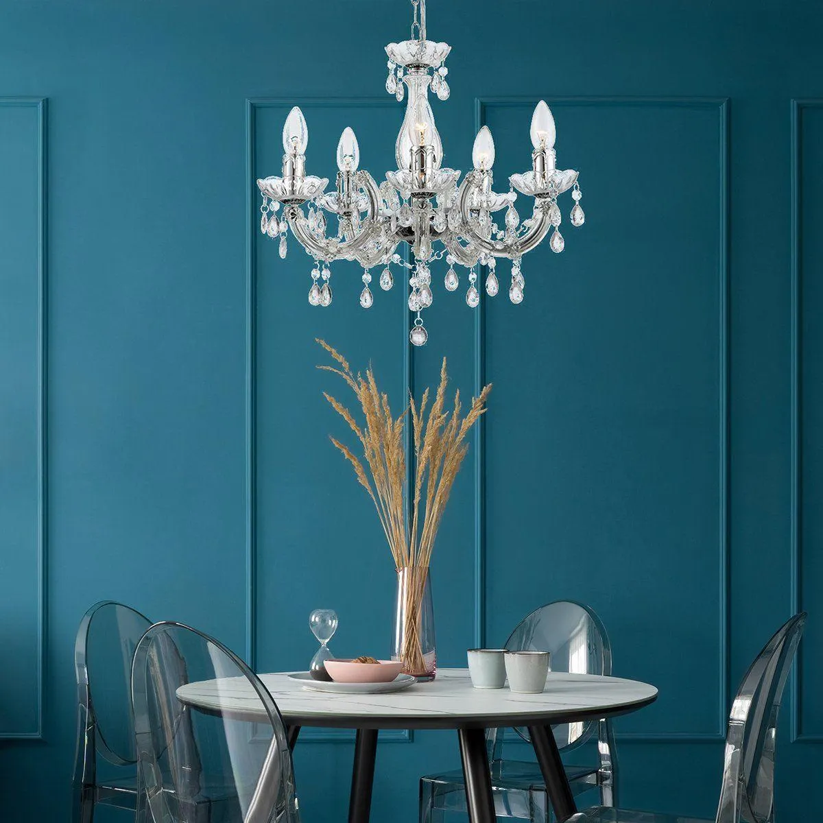 Lustre pampilles baroque CUIMBRA II transparent en métal chromé