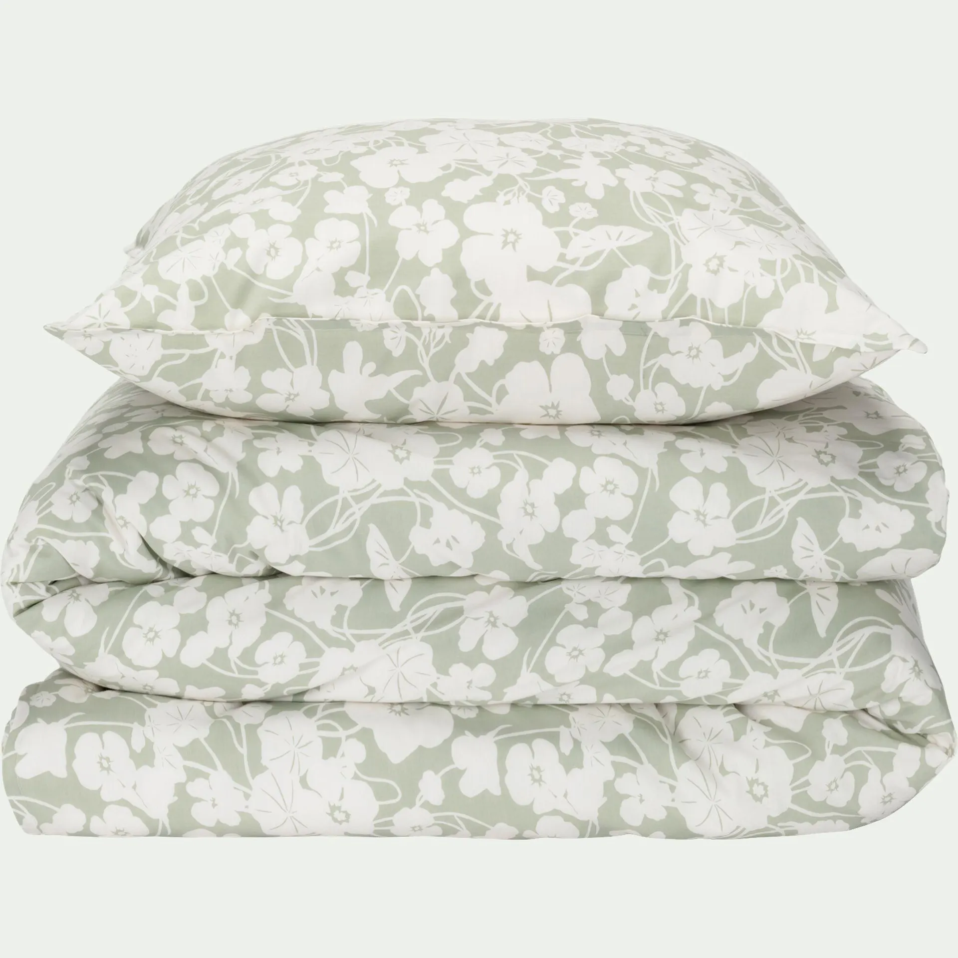 Housse de couette 240x220cm et 2 taies d'oreiller 63x63cm en coton motif floral - vert