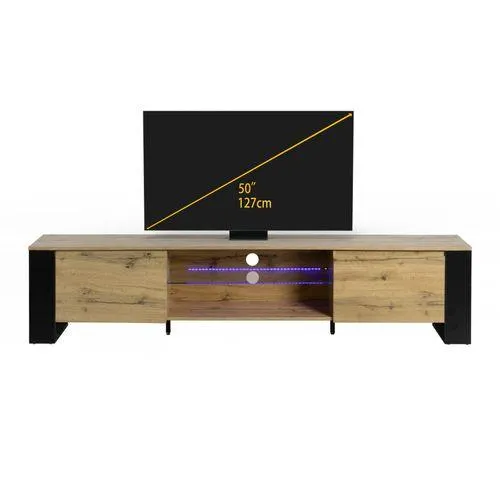 Meuble TV LED L200cm MARIELLE Imitation chêne et noir
