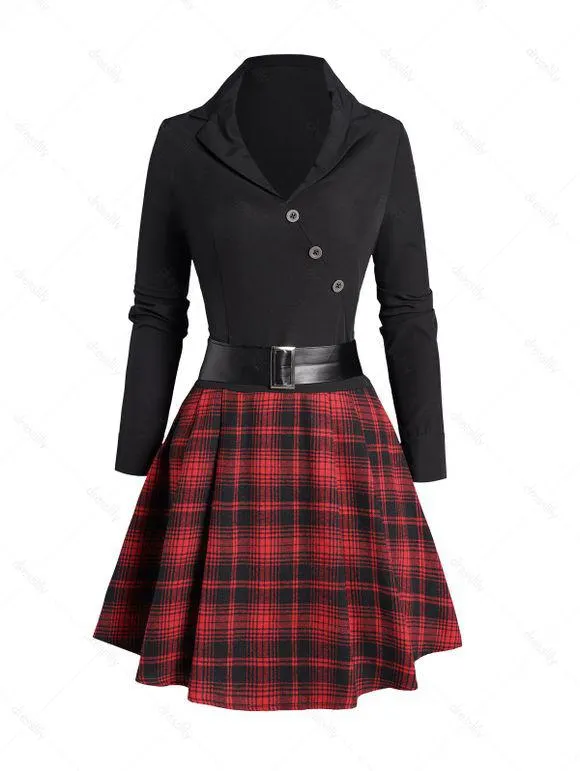 Mini Robe Ceinturée Panneau à Carreaux à Taille Haute avec Bouton