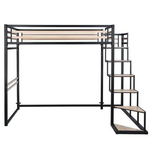 MEUBLES COSY Lit Mezzanine Pour 2 Personnes Sommier Inclus 140 X 200cm Métal Noir Et Effet Chêne Style Industriel