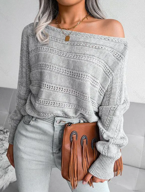 Pull Décontracté Texturé en Couleur Unie Manches Raglan à Col Oblique