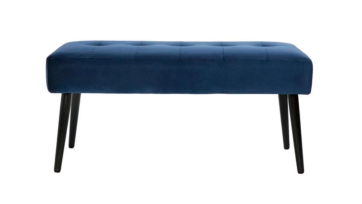 Banc design capitonné en tissu velours bleu nuit et métal noir L96 cm GUESTA