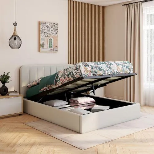 Lit coffre avec sommier relevable 140x190 cm ANNA en tissu bouclette blanc