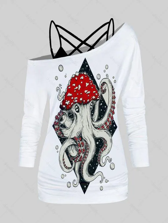 Ensemble de T-shirt à Imprimé Pieuvre à Col Oblique et de Camisole à Bretelle en Treillis