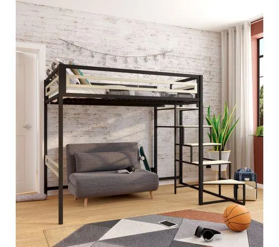 Lit mezzanine 140x190 cm MARLEY imitation chêne - noir