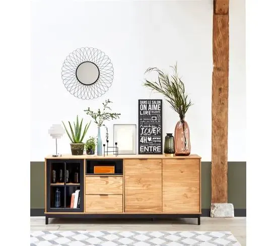 Buffet style atelier BRONX Bois massif et noir