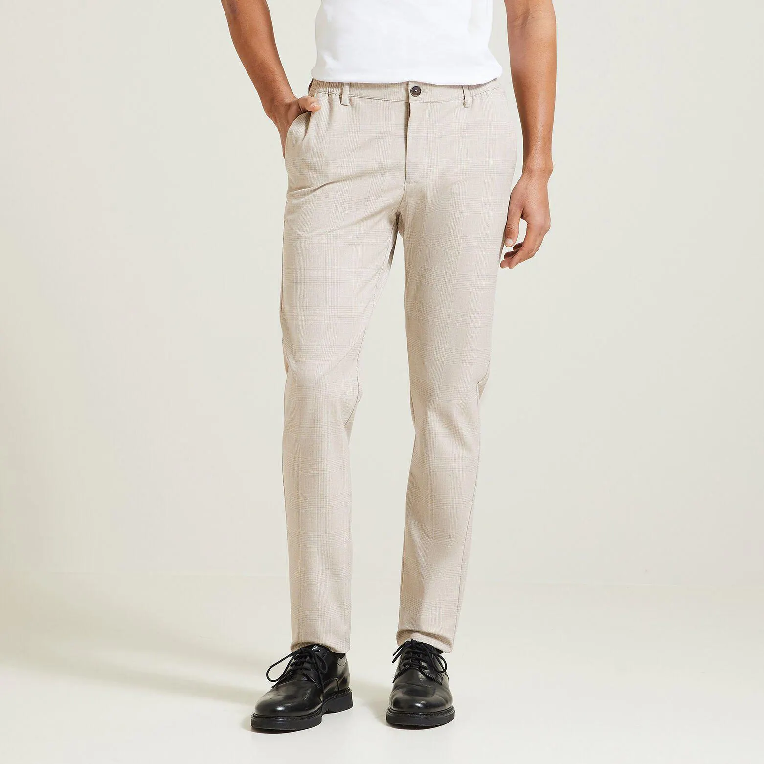 Pantalon slim à carreaux bi-stretch - Beige