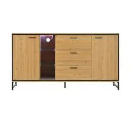 OKWISH Buffet 160x40x85cm Avec 2 Portes, 3 Tiroirs Et 3 Compartiments Et LED, Couleur Noir Et Bois