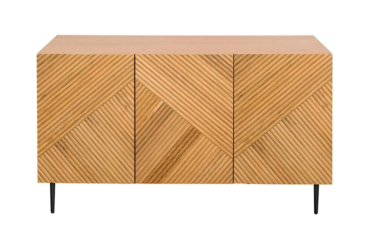 Buffet design en bois clair chêne massif gravé et métal noir 3 portes L135 cm ARCHIPEL