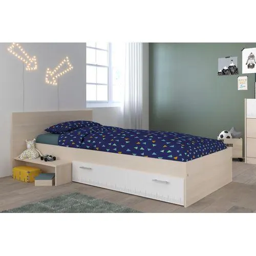 Lit 90x190 cm avec rangements LOAN imitation acacia clair et blanc