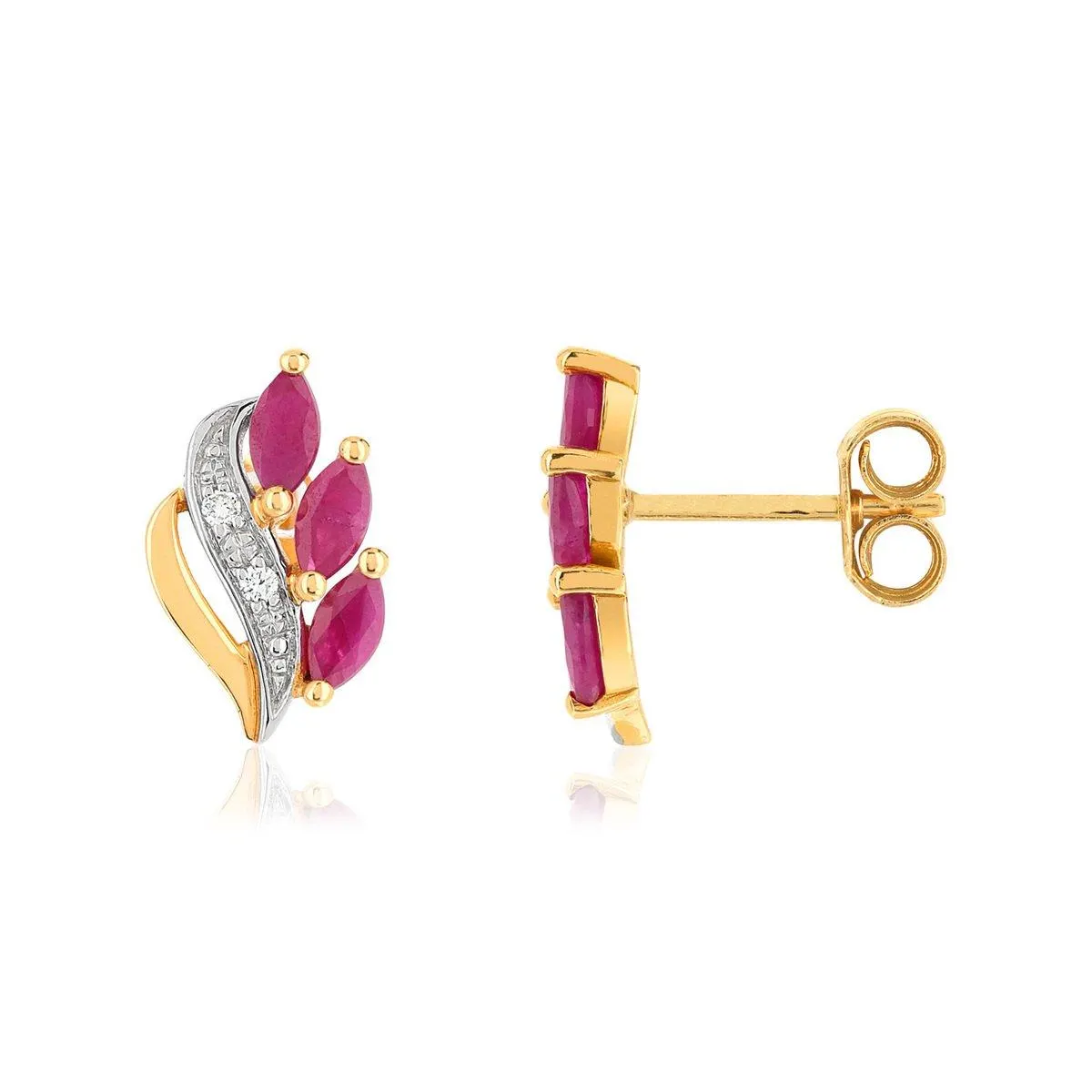Boucles d'oreilles or 750 2 tons feuilles rubis taille marquise et diamants