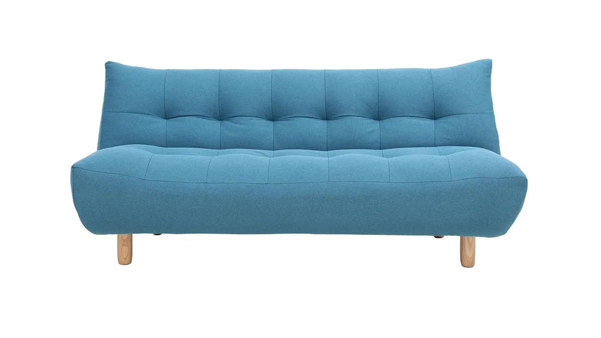 Canapé convertible scandinave 3 places en tissu bleu canard et bois clair YUMI