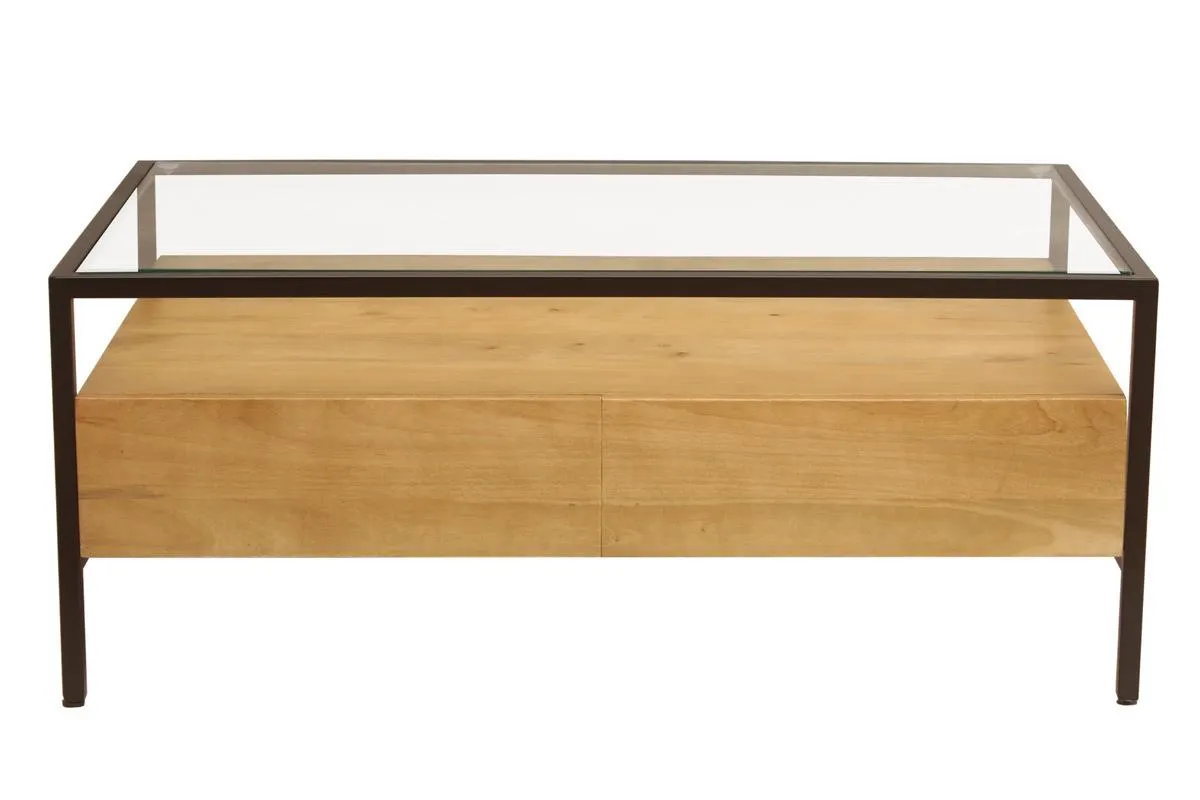Table basse rectangulaire avec rangements en bois manguier massif, verre et métal noir L100 cm SITA