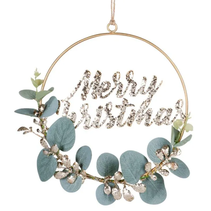 Corona natalizia con foglie verdi e oro e parola con paillettes - Lotto di 2