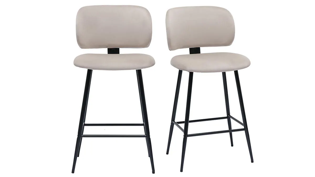 Tabourets de bar en tissu velours taupe et métal noir H70 cm (lot de 2) ATRIUM