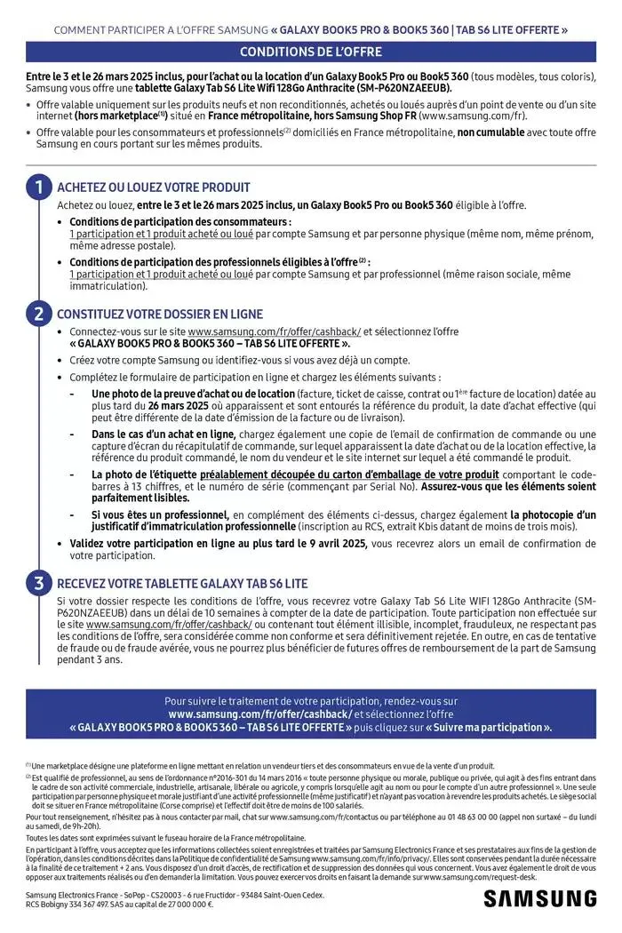 Tablette Galaxy Tab S6 Lite Offerte pour l'achat d'un pc portable Galaxy Book 5 360 du 3 mars au 26 mars 2025 - Catalogue page 2